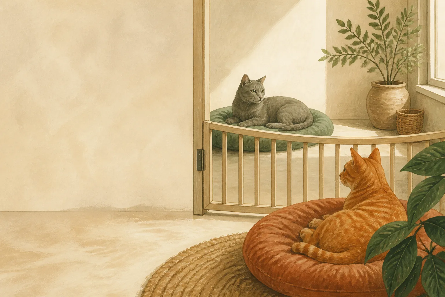 An orange tabby and a gray cat resting on opposite sides of a secure barrier