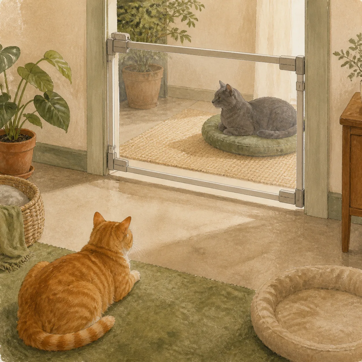 An orange tabby and a gray cat resting on opposite sides of a secure transparent gate