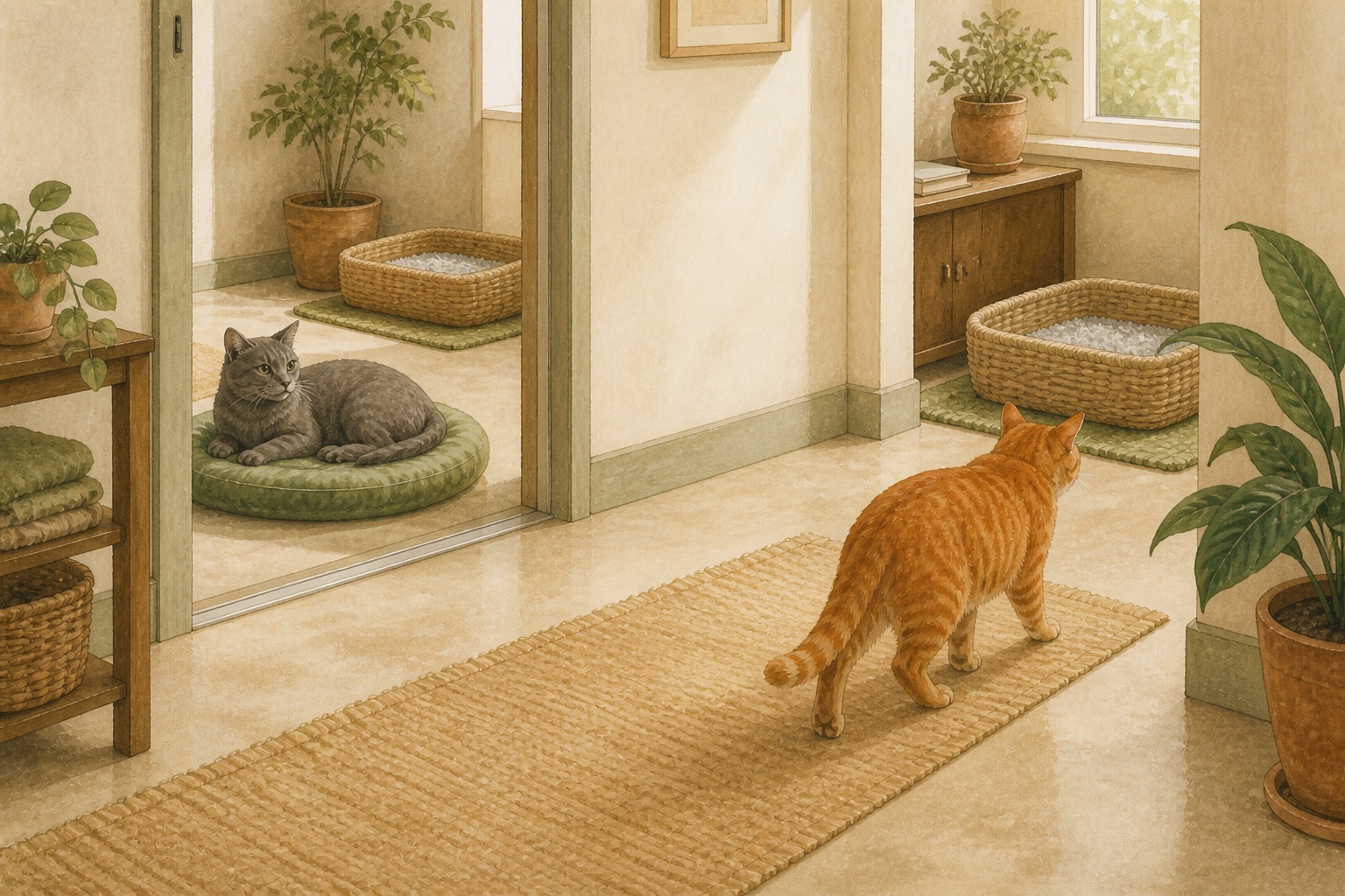 An orange tabby walks toward a private litter area while a gray cat rests in a separate room.