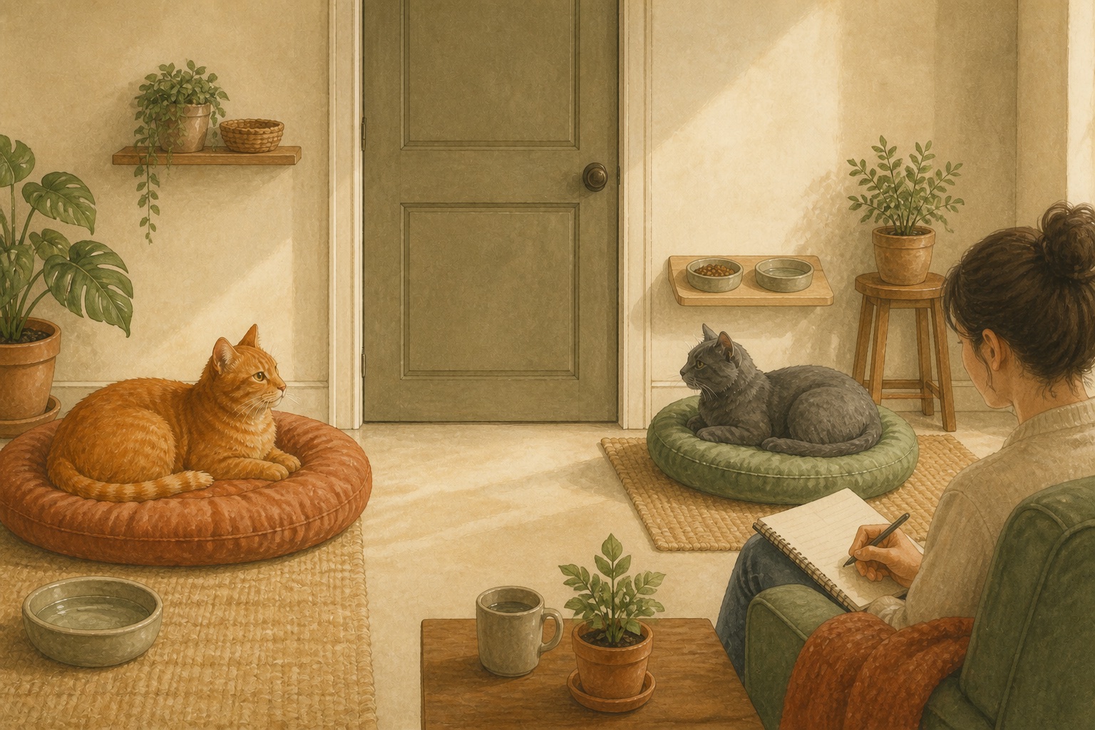 Two relaxed cats remain in separate resource zones while a person records observations after a setback.