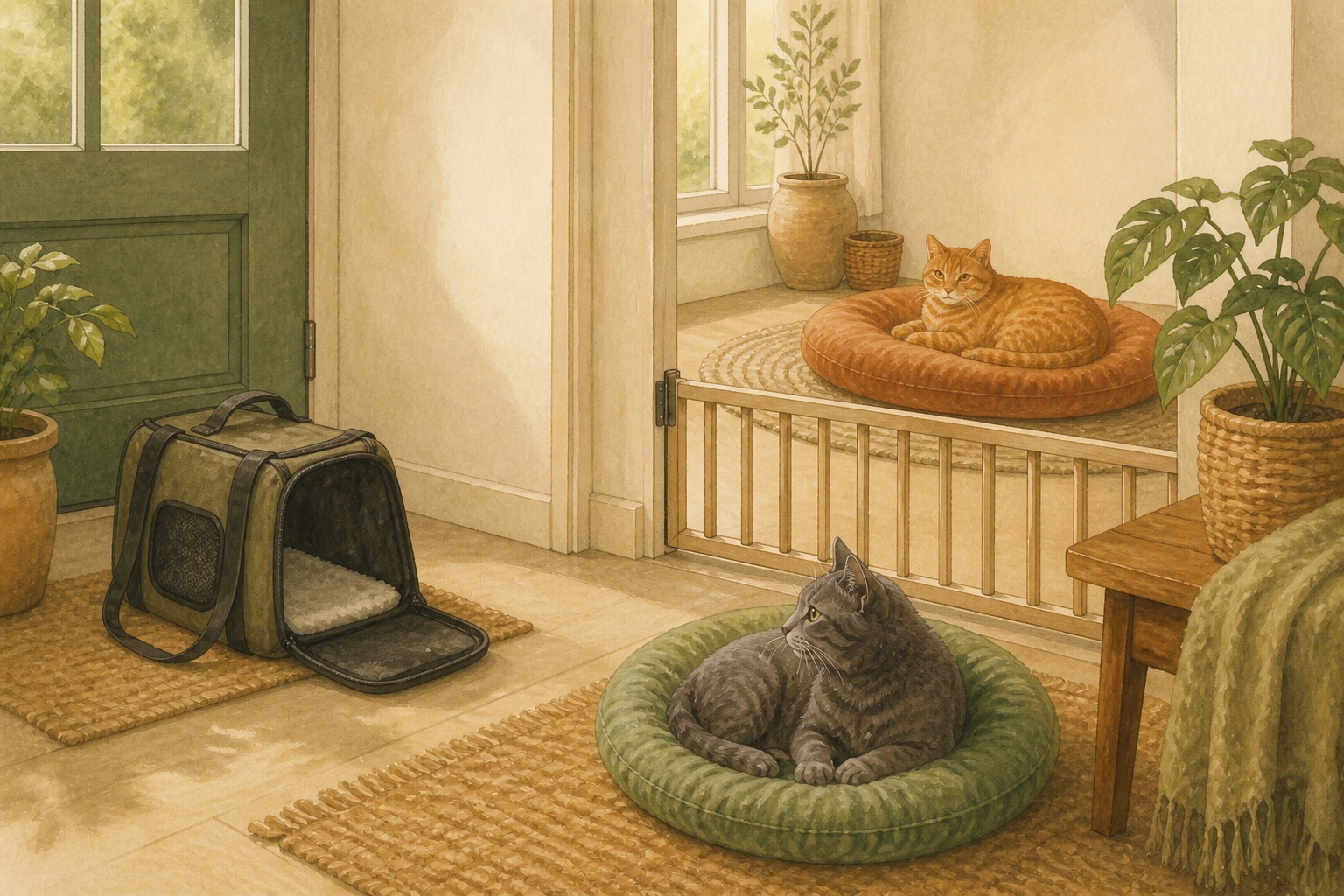A gray cat rests behind a secure gate while an orange tabby settles near a carrier in a quiet home.