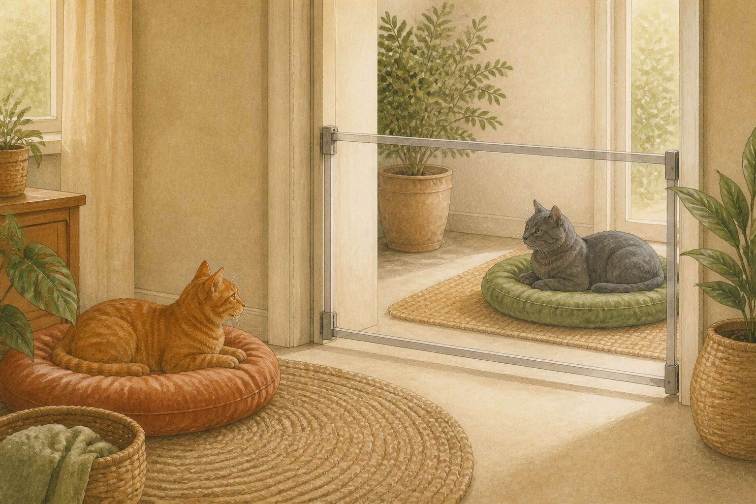 An orange tabby and a gray cat rest in separate rooms divided by a secure safety gate.