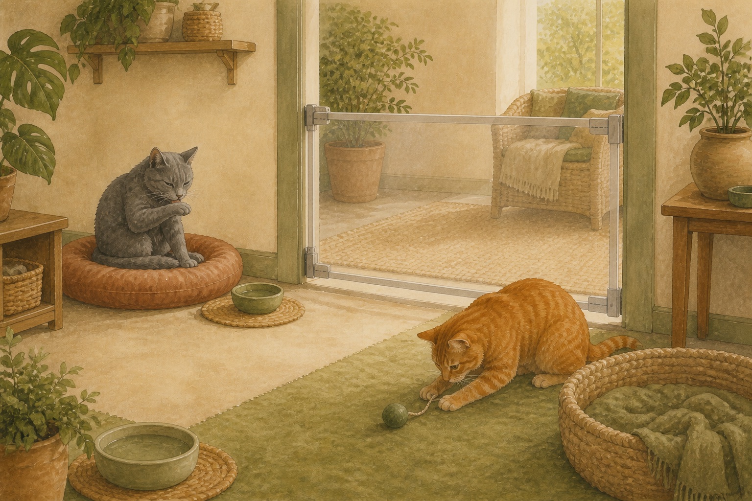 A gray cat grooms and an orange tabby plays on opposite sides of a secure transparent gate.