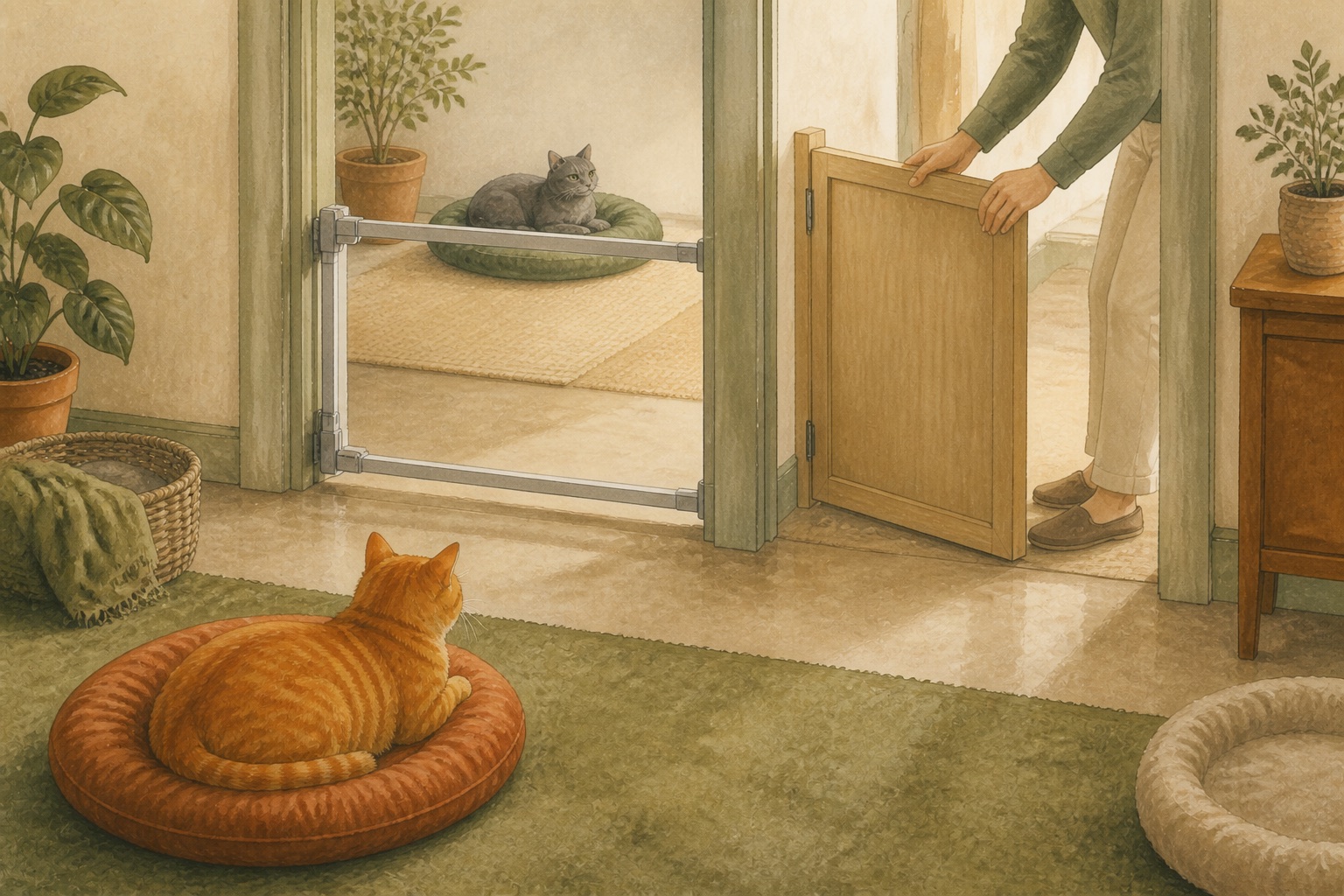 A person lowers a solid barrier while two cats remain calm in separate resting areas.